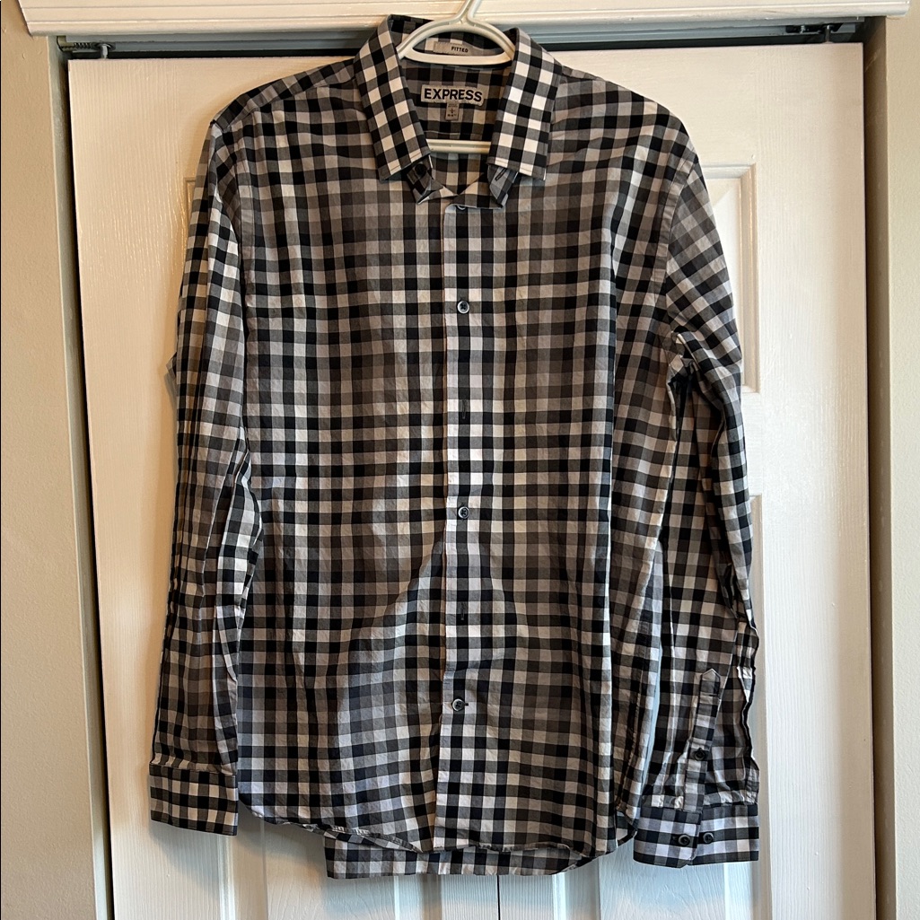 Express Men's Checkered Black And White Shirt - Fitted